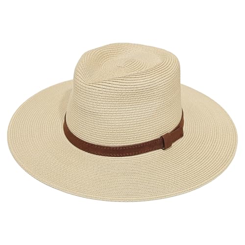 Sombrero Panamá Clásico de Paja para Hombre y Mujer - Transpirable con Protección Solar UV, Diseño Elegante de ala Plana, Ligero y Ajustable - Ideal para Playa, Viajes (Beige Banda Marrón Cuero)