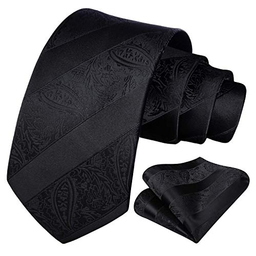 Image of HISDERN Extra Long Ties for Men Classic Floral Tie and Pocket Square Elegant Silk Necktie Handkerchief Set Wedding Party