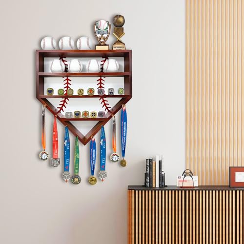 Baseball Display Case, Baseball Holder Display Case, Wooden Baseball Ring Holder, Baseball Display Wall Mounted, Baseball Holders for Balls, Medals and Name Tags (Walnut)