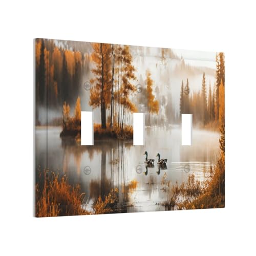 Decorative Switch Covers Plate Funny Ducks Vintage Lakeside Landscape 3 Gang Wall Plate Oversized Triple Toggle Light Switch Plate Jumbo Faceplate for Bedroom Home Decor