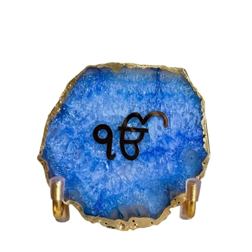 Image of Ik Onkar Metal Holder with Blue Agate, Festive Home Decor Showpiece for Temple, Meditation and Prayer Room, Decorative Corporate Gift for Diwali, Housewarming and Spiritual Spaces