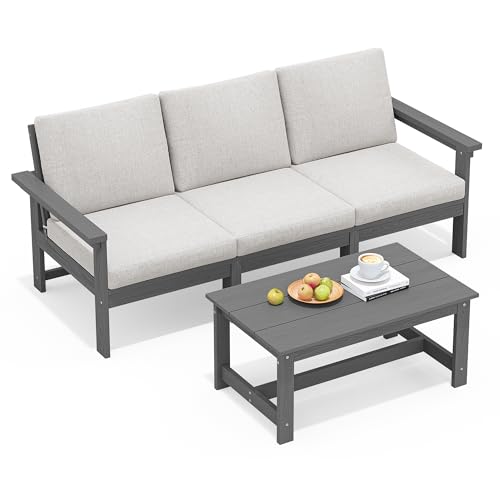 SERWALL HDPE Patio Sofa Set, 4-Piece Sectional Outdoor Furniture Set, All Weather Outdoor Couch Set Patio Furniture Set for Deck, Lawn, Grey Frame with Khaki Cushion