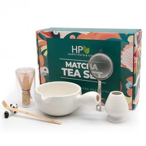 HAPPY PATH & CO Patented Matcha Bowl Set with Handle & Spout - Spill-Free Pouring | Complete Matcha Set for Beginners | Includes Bamboo Whisk, Scoop & Stand (Classic White)