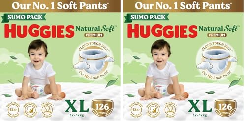Image of Huggies Natural Soft Premium Baby Diaper Pants, Our No.1 Soft Pants, Extra Large (XL) Size (12-17 Kgs), Sumo Pack of 252 diapers | Cloud Softness All over with India's 1st Cloud Touch BeltTM (42 Count, Pack of 3)