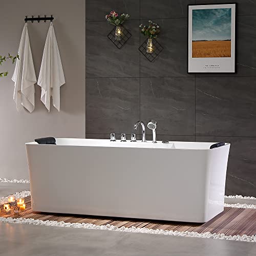 Empava 59 In. Acrylic Freestanding Tub Hydromassage Gracefully Rectangle Shaped Whirlpool 8 Water Jets Soaking Spa, Double-Ended Massage Bathtub With Two Black Pillows , White #TOP2