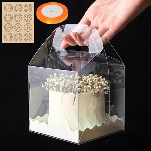 RAINPOP 10Pcs Transparent Cake Boxes, Square Plastic Baking Box Clear Cake Gift Box with Handle, 5.25in Individual Cake Boxes Containers Display Box for Dessert Candy Cakes (Small)