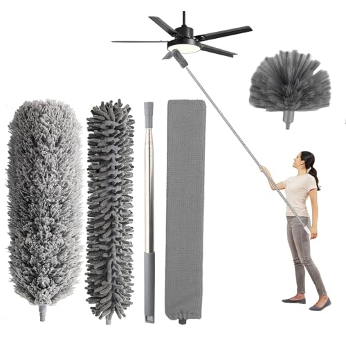 Euleryoo 5 Piezas Plumero Telescopico Extensible, Microfibra Lavable Plumero Atrapapolvo Longitud 55 to 250 cm, Reutilizable Duster Limpieza, Plumero Microfibra para Persianas,Ventiladores,Telarañas