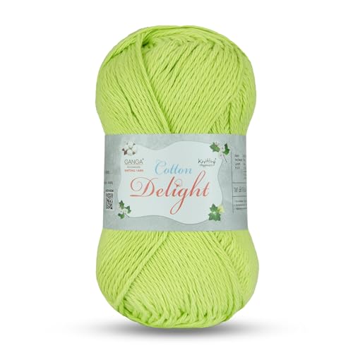 Image of Ganga Acrowools Cotton Delight, Dk Weight Cotton Yarn, Oekotex Class L Certified 100G, 169M, Pack of 1 Ball - 100gm Each, Shade No. - COD049 - Lime