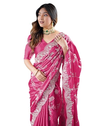 Image of Satrani Women's Satin Embroidery & Sequin Work Saree with Unstitched Blouse Piece