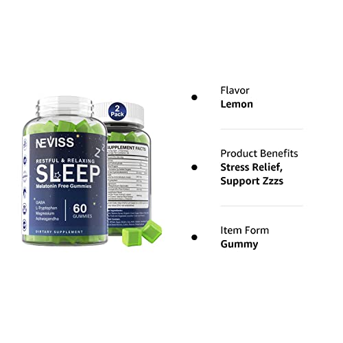 Neviss Melatonin Free Sleep Aid Gummies For Adults - Gaba, L-Tryptophan, Magnesium, Ashwagandha - Non-Habit Forming, Help For Deep Relaxation - Vegan, Meyer Lemon Flavor, 2Pack #TOP7