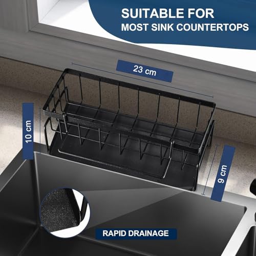 Image of Kitchen Sink Organizer Rack - Black Metal Sponge Holder with Drainage Base, Soap Dish Tray, Brush Holder & Rag Bar, Rustproof Storage Caddy for Counter or Sinkside