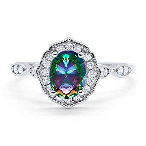 Blue Apple Co. Art Deco Antique Style Wedding Engagement Ring Oval Round Simulated Cubic Zirconia 925 Sterling Silver