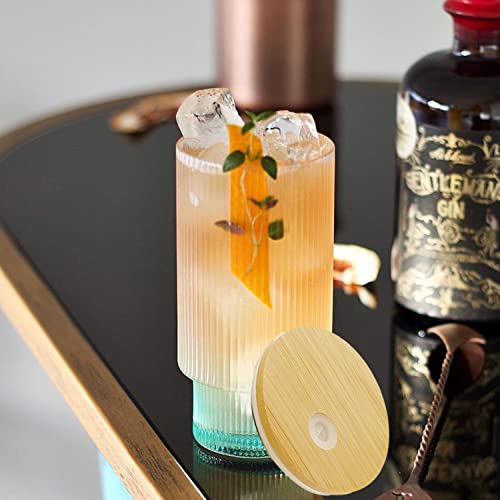 Cayorepo 4 Pcs Set 16Oz Ribbed Drinking Glasses With Bamboo Lids And Straws, Ribbed Glass Cups, Stackable Glasses, Vintage Water Glasses For Juice, Beer, Coffee, Tea And Cocktail (Clear(4Pcs)) #TOP3