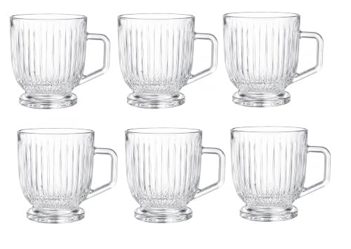 Image of IndusBay Fluted Glass Tea Cups with Handle [Pack of 6] (160ml) - Premium Crystal Clear Coffee Mugs, Vintage Ribbed Chai Glasses |Lead-Free & BPA-Free