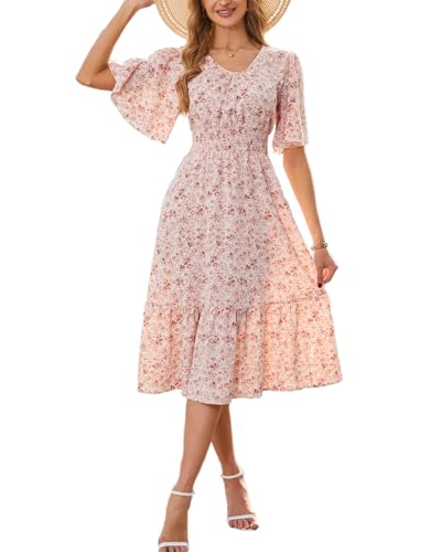 YIYIHAOSHUNV Women's Modest Midi Summer Dresses Smocked Floral Wedding Guest Dress Short Sleeve...