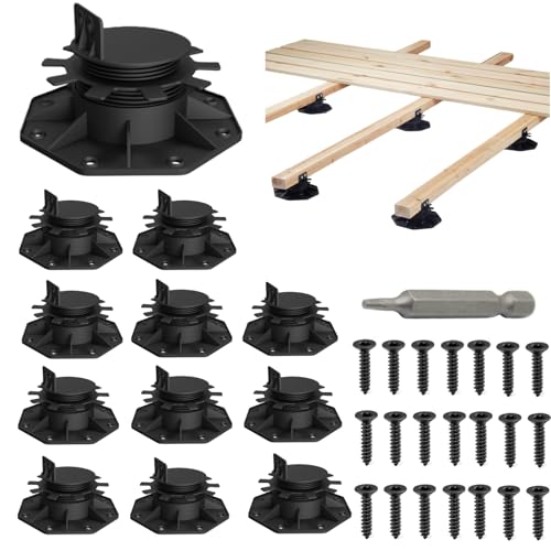 Deckit 12-Pack Adjustable Deck Support Pedestals 1.182.36 (3060 mm) for 24 & 26 Joist Framing Ground Support & Leveling for Patio Shed Base & Floating Deck Includes Screws