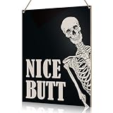 Funny Bathroom Wall Hanging Sign Decor, Nice Butt, Toilet Powder Room Restroom Retro Decor Skeleton Bathroom Wooden Signs Goth Wall Decor