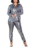 HuiSiFang Women's Suits Two Piece Outfits Open Front Sequin Blazer & Pants Casual Tops & Bottoms Set