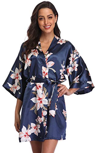 Season Dressing Women Floral Robes Bridesmaids Short Satin Kimono Sleepwear For Wedding Party, Navy S #TOP2