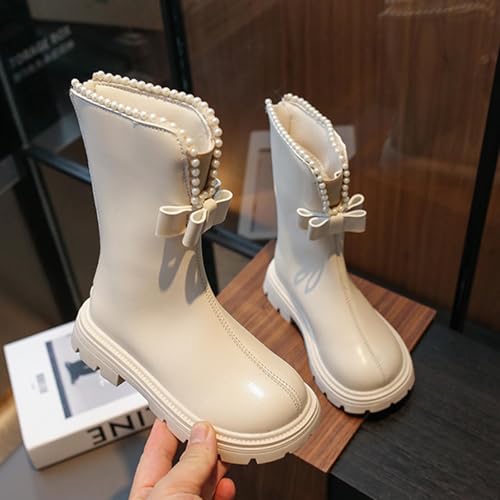 Girls Knee High Boots Fashion Pearl Bowknot Back Zipper Long Boots Fall Winter Fleece Warm Riding Shoes3