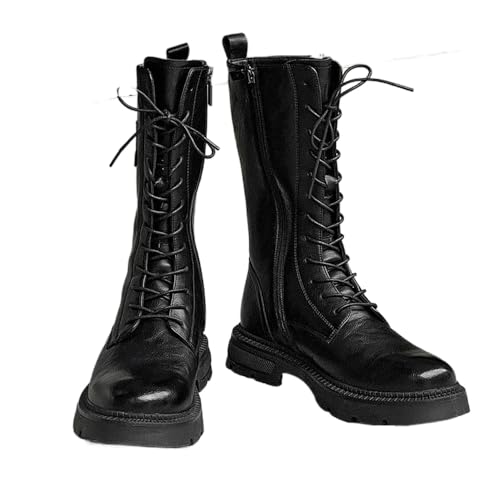 YUMALI Steampunk Stivali Da Equitazione per Gli Uomini Medio Albero Lace up Stivali Militari Moda Cerniera Laterale Locomotiva Scarpe Singole (Black,43)