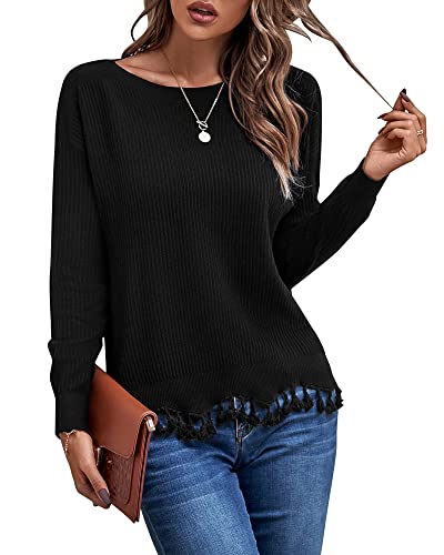 VOTEPRETTY Women's Boat Neck Fall Sweater 2022 Long Sleeve Tassel Solid Loose Casual Knit Pullover Tops