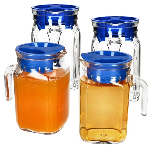 MamboCat Kora Lot de 4 pichets de réfrigérateur avec couvercle en plastique bleu I 0,5 l I Carafe carrée en verre avec bec verseur et anse pour thé glacé, eau, jus, lait, etc.