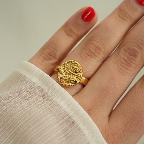 LUVA Moon Star Evil Eye Ring, 18K Gold Plated Stainless Steel Ring, Celestial Gemstone Ring For Women, Statement Ring, Waterproof, Anti Tarnish, Mystic Jewelry3