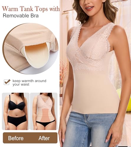 Image of Slimming Tank Top for Women V Neck Lace Camisole Tops with Built in Bra Cami Vest Base Layer
