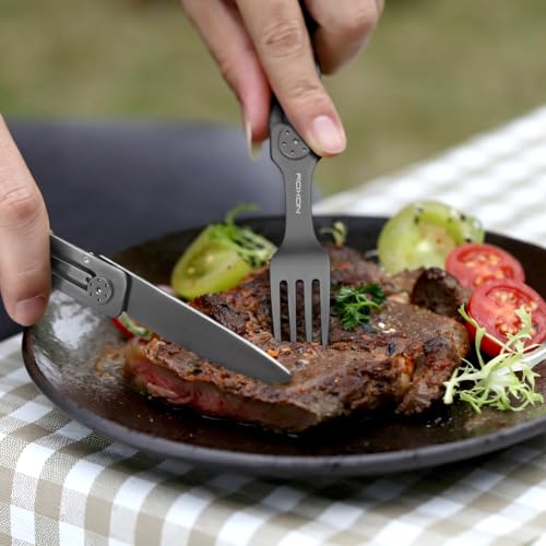 Image of ROXON 3-in-1 Camping Utensils Set (Knife, Spoon, Fork) Titanium-Plated Grey