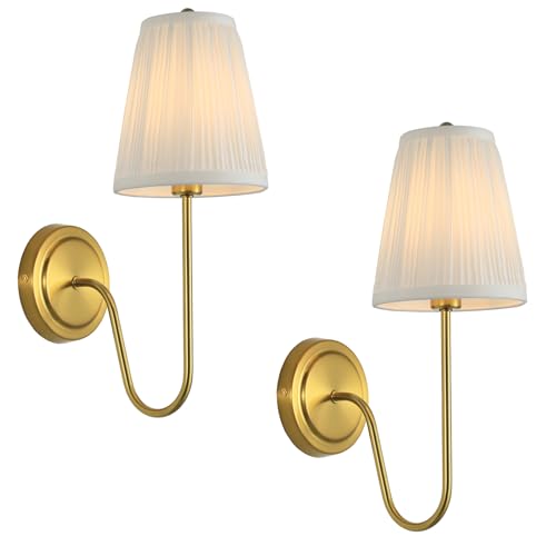 Image of Electro bp;Elegant Single Wall Sconces White Pleated Brocade Fabric Lamp Shades with Polished Gold Curved Metal Arm Covered Wall Light,E12,40W,Hardwired(Set of 2);