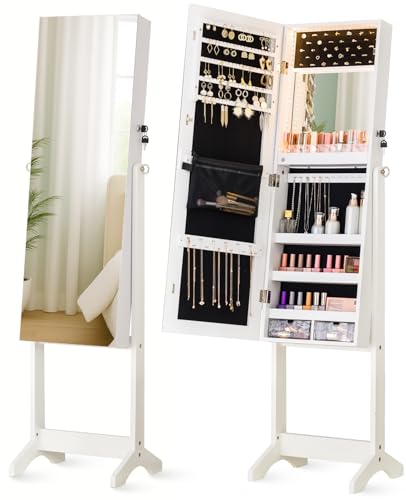 LUXFURNI LED Light Mirror Jewelry Cabinet Standing Jewelry Armoire, 60' Full Length Mirror with...