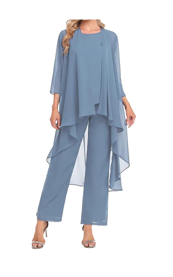 Mother of The Bride Pant Suit with Jacket 3 Piece Chiffon Sets Ruffle Layers Wedding Guest Outfit Dusty Blue