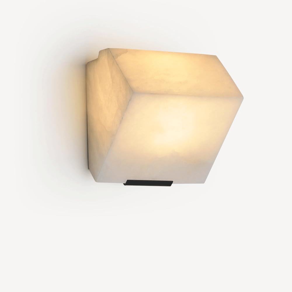 HUAYUSEDF 7.09IN Alabaster Wall Sconces Natural Marble Light with Black Base Sconce Lighting Modern Spain Stone Lamp Vanity Lights for Living Room Dining Stairs Bedroom