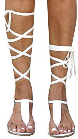 Women Gladiator Sandals Flat,Summer Strappy Lace Up Open Toe Knee High Flat Sandal White
