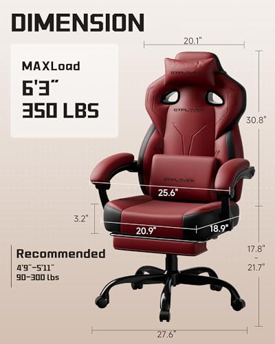 Image of GTPLAYER Gaming Chair for Adults, Ergonomic High Back Chair with Footrest | Big & Tall Computer Video Gaming Chair, Comfort Wide Seat with Lumbar Support for Big /Tall, Office /Home, Leather, Wine Red