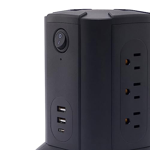 Amazon Basics Power Strip Tower Charging Station, Surge Protector 1080J, 9 Outlet with Integrated USB Charging Ports (2 USB-A and 1 USB-C), Space Saving, 15A, 6ft Cord, Black - image 6