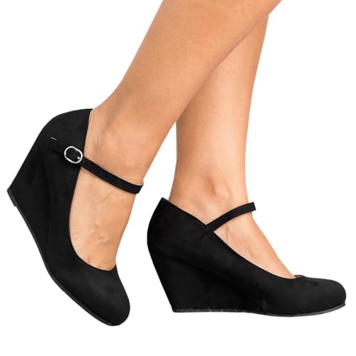 Coutgo Womens Wedge Pumps Dressy Mary Jane Shoes Comfort Wedges Closed Toe Ankle Strap Heeled Shoes3