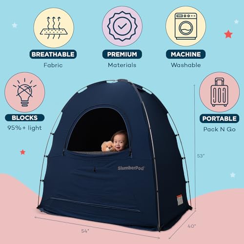 SlumberPod The Original Blackout Sleep Tent Travel Essential for Babies and Toddlers, Mini Crib and Pack N Play Cover, Sleep Pod for Kids with Monitor Pouch and Fan Pouch, Blocks 95%+ Light, Navy