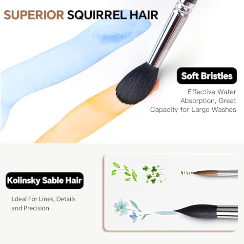 Image of Watercolor Brushes Professional, Fuumuui 2pcs Kolinsky Sable Brushes, 1pc Pure Squirrel Mop Wash Round Brush & 1pcs Extended Needle Point Brush Perfect for Watercolor Acrylic Gouache Inks