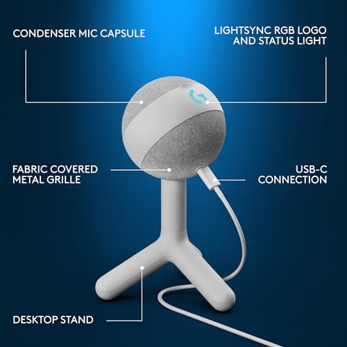 Logitech G Yeti Orb Microphone Gaming RVB à condensateur avec LIGHTSYNC, USB prêt à l’Emploi pour Streaming, cardioïde, pour PC/Mac - Blanc