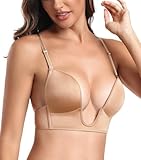 Wekofi V Plunge Sexy Low Back Clear Straps Backless Convertible Bra (Brown,S)