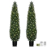 5FT Topiary Trees Artificial Outdoors 2 Pack, Two 5 Foot UV Resistant Faux Cedar Topiary Ball for Outdoor Front Porch Door, Set of 2 Fake Pine Cypress Tree with Led String Light