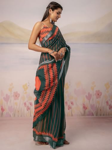 Image of Satrani Women's Linen Printed Ready To Wear Saree with Unstitched Blouse Piece