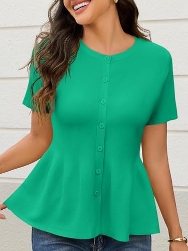 Image of Saodimallsu Womens Short Sleeve Cardigans Ruffle Button Down Crew Neck Peplum Babydoll Knit Sweater Tops