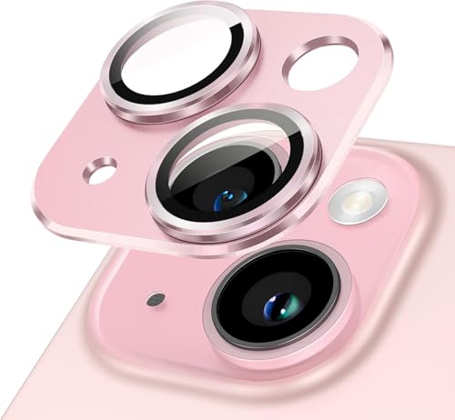 KEKOZE Camera Lens Protector Compatible With iPhone 15 and iPhone 15 Plus  Full Coverage 9H Tempered Glass with Metal Plate, HD Clear, Joint Camera Ring Protector - Pink