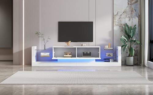 GYNGTLC Mueble bajo moderno de alto brillo para TV con iluminación LED (blanco + tablero de partículas/A)