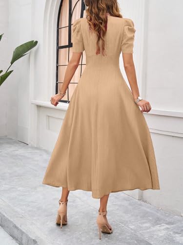 Image of Shasmi Girl's & Women's Solid Color V-Neck A-Line Maxi Dress for Women | New Year Party Outfit | Waist Cinched Puff Sleeve Western | Elegant Casual Wear (Dress 246)