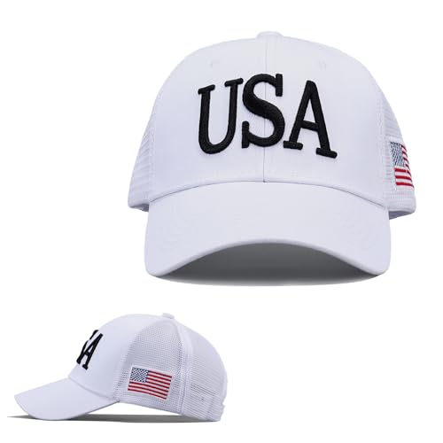 USA Trucker Hat for Men & Women American Flag Cap Adjustable Baseball Cap Mesh Snap Patriotic 3D Embroidered Cap (White)