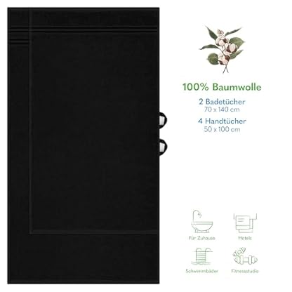 Hammetex 6 teiliges Handtuch Set, 100% Baumwolle Weich Saugstark Qualität Handtücher Set, 2 Badetücher 70x140 cm, 4 Handtücher 50x100 cm, Schwarz – Bild 5